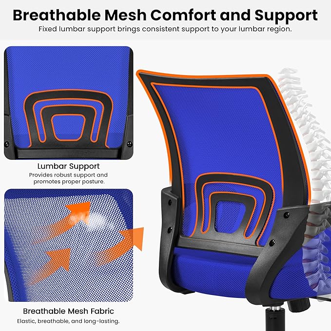 Yaheetech Mid-Back Mesh Office Chair Adjustable Ergonomic Computer Task Chair Swivel Rolling with Lumbar Support Armrest for Home Office Work Study, Blue