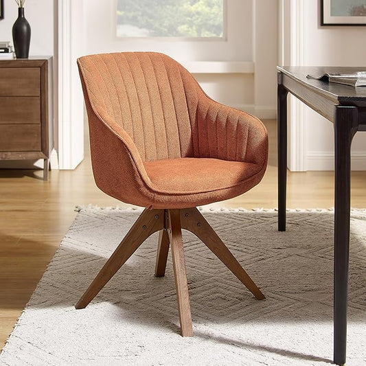 Art Leon Desk Chair No Wheels, Mid Century Modern Office Chair, Swivel Accent Chair with Oak Wood Legs, Fabric Upholstered Arm Chair, Caramel