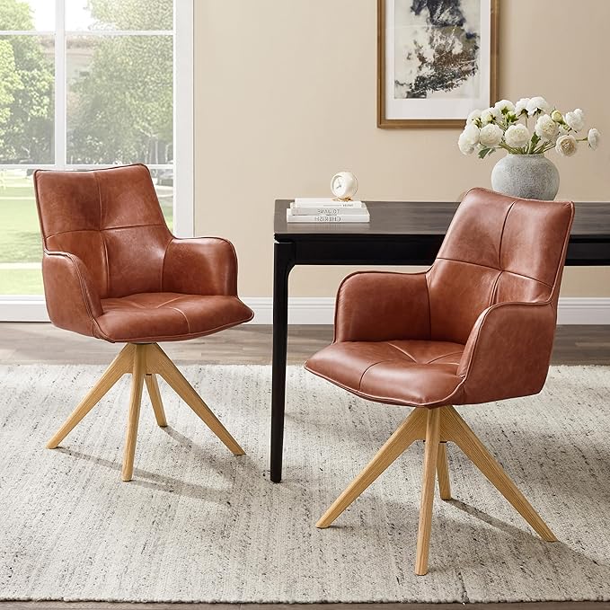 Art Leon Mid Century Desk Chair - Genuine Leather Upholstered Office Chair No Wheels, Swivel Accent Chair with Black Oak Wood Legs for Small Space Living Room Bedroom, Set of 2, Red Brown