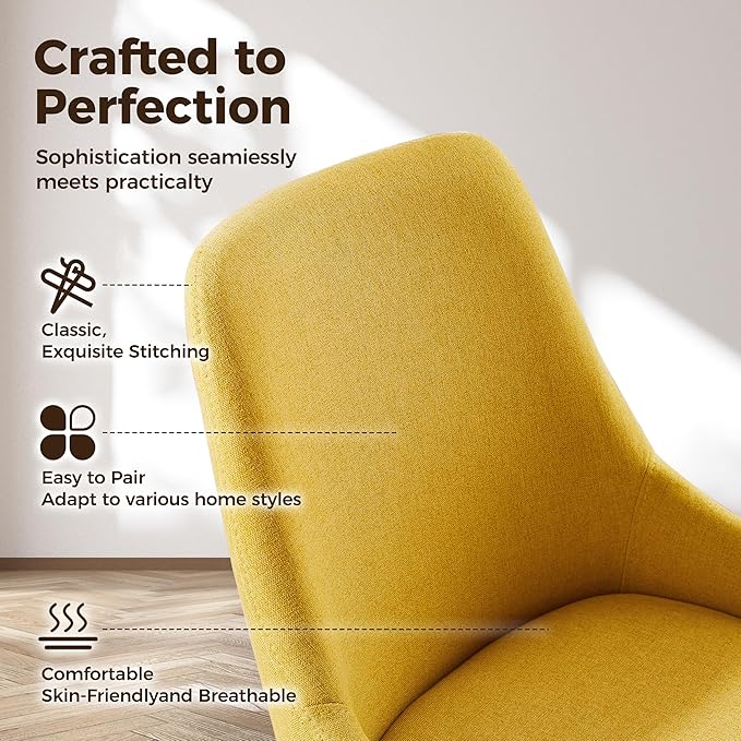 Art Leon Mid Century Modern Desk Chair No Wheels, Swivel Upholstered Armchair with Solid Wood Legs for Home Office, Fabric, Yellow