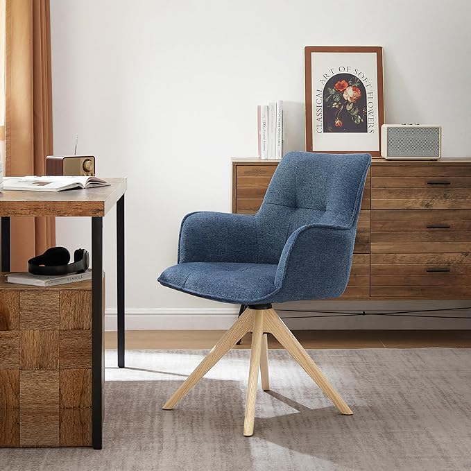 Art Leon Swivel Armchair - Mid Century Modern Office Chair No Wheels, Fabric Upholstered Accent Chair with Oak Wood Legs for Small Space Living Room Bedroom, Blue