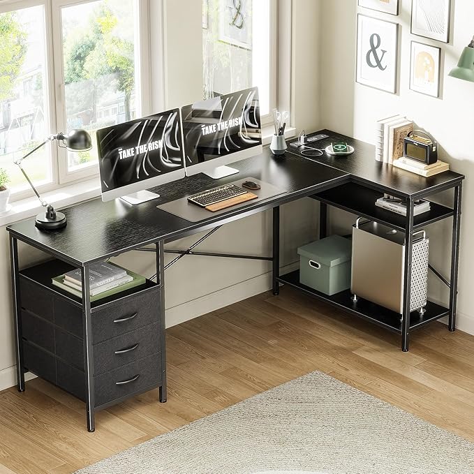 Huuger L Shaped Desk with Power Outlets, 63 Inch Reversible Computer Desk with 3 Drawers and Shelves, Home Office Table for Corner Work Study Writing Gaming, Black