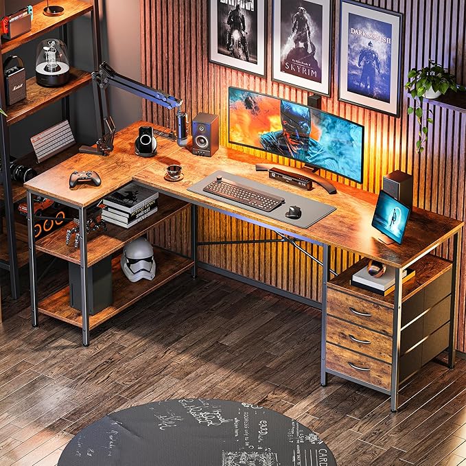 Huuger L Shaped Desk with Power Outlets, 63 Inch Reversible Computer Desk with 3 Drawers and Shelves, Home Office Table for Corner Work Study Writing Gaming, Rustic Brown