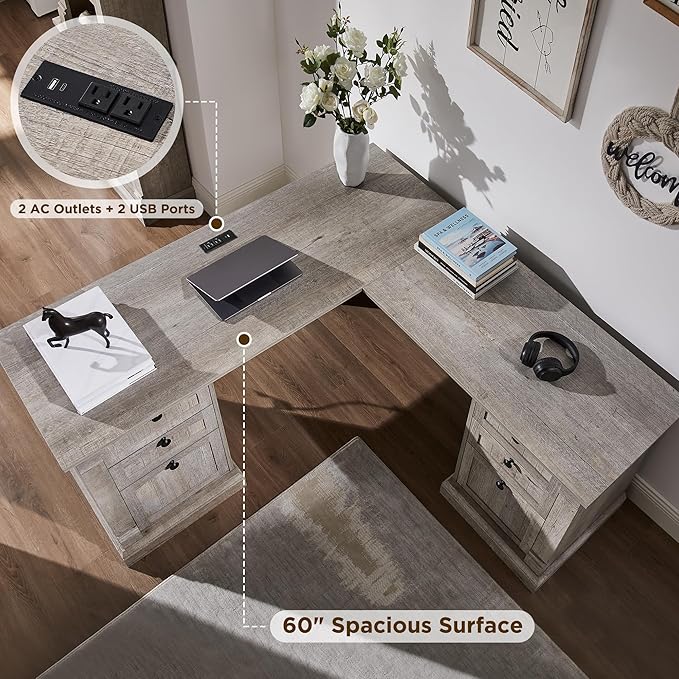 OKD 60" L Shaped Executive Desk with Drawers, Farmhouse Home Office Desk with Charging Station, File Cabinet Storage, Wood Corner Computer Desk for Work and Study, Light Rustic Oak