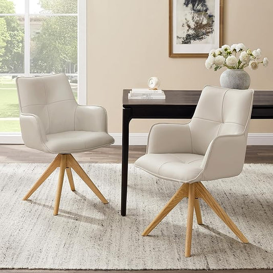 Art Leon Mid Century Modern Desk Chair - Genuine Leather Upholstered Office Chair No Wheels, Swivel Armchair with Oak Wood Legs for Small Space Living Room Bedroom, Set of 2, Off White