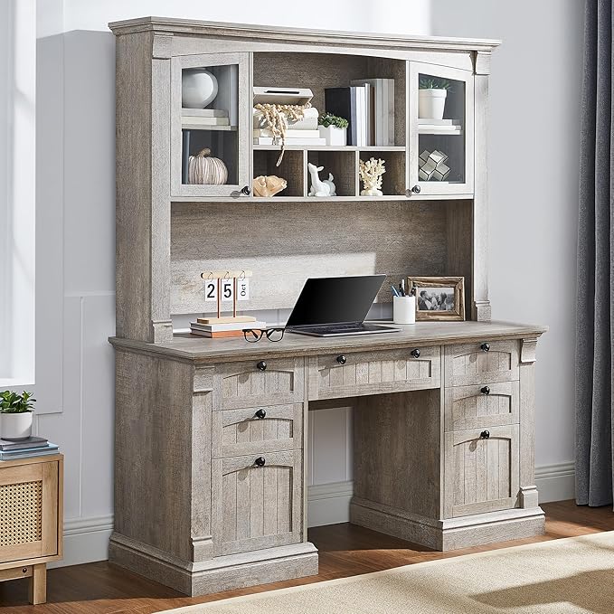 OKD 60" Executive Desk with Hutch and Drawers, Farmhouse Home Office Desk with Charging Station, Keyboard Tray, File Cabinet Storage, Wood Computer Desk for Work and Study, Light Rustic Oak