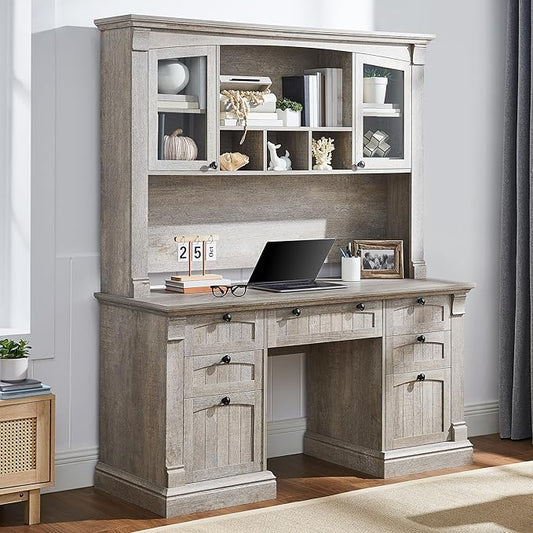 OKD 60" Executive Desk with Hutch and Drawers, Farmhouse Home Office Desk with Charging Station, Keyboard Tray, File Cabinet Storage, Wood Computer Desk for Work and Study, Light Rustic Oak
