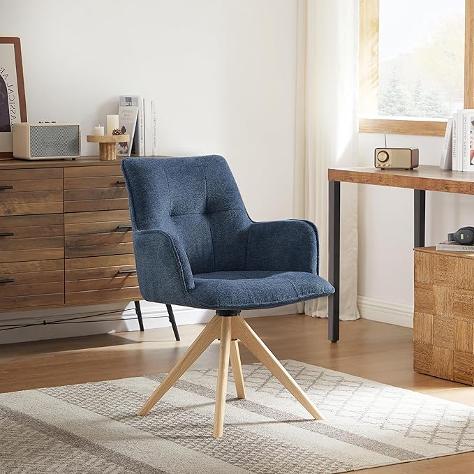 Art Leon Office Chairs Set of 2 - Mid Century Modern Desk Chair No Wheels, Fabric Upholstered Swivel Accent Chair with Oak Wood Legs, Blue