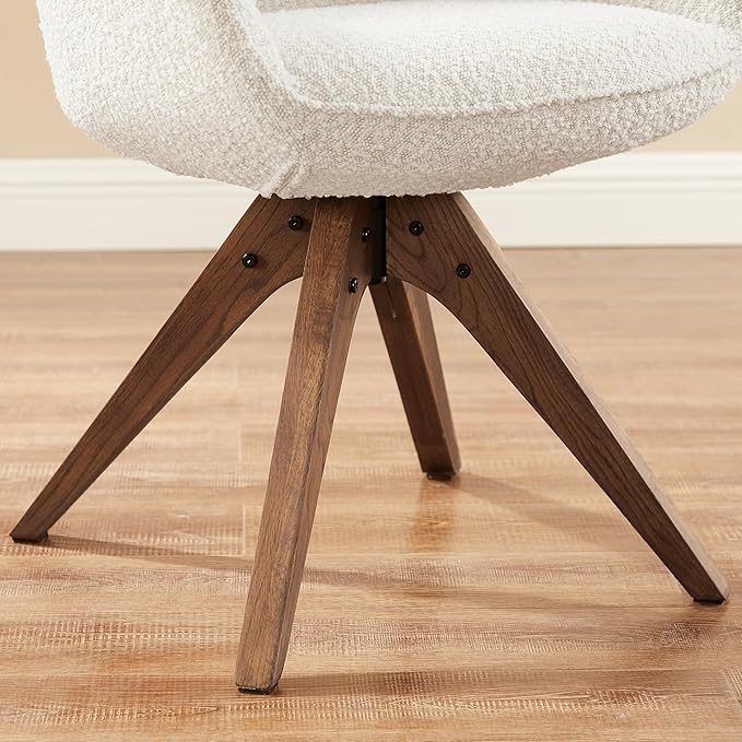 Art Leon Desk Chair No Wheels, Mid Century Modern Office Chair, Swivel Accent Chair with Oak Wood Legs, Boucle Fabric Upholstered Arm Chair, White