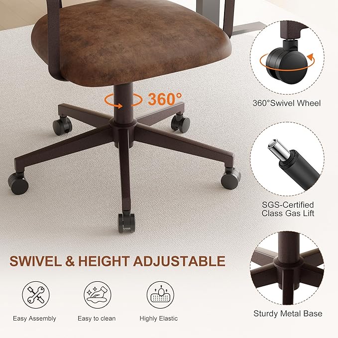 BFZ Mid Century Retro Home Office Desk Chair with Back, Faux Leather Adjustable Height Rolling Swivel Computer Task Armrests Chair for Home Office, Brown