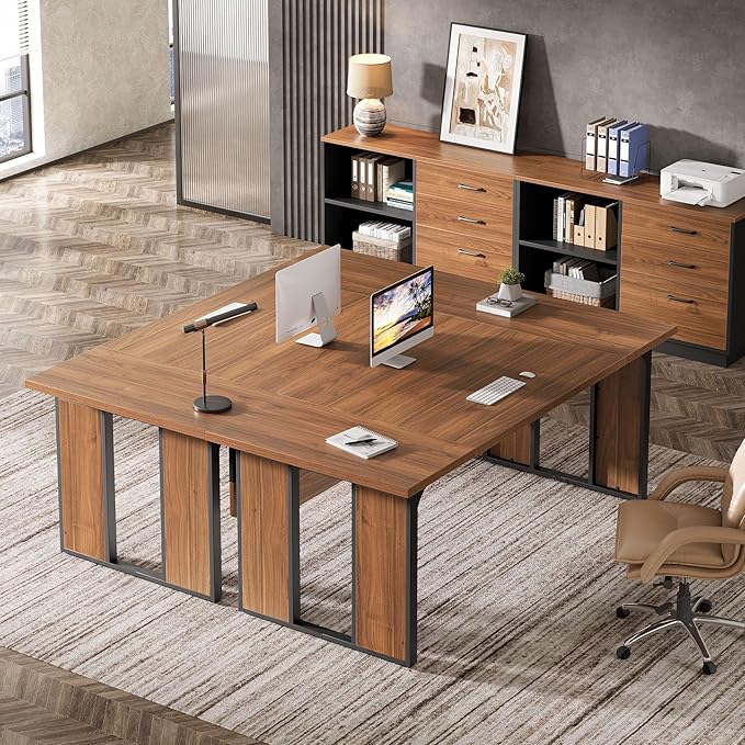 Tribesigns 63‘’ L-Shaped Executive Desk, Office Table with 39.37-Inch Drawers Cabinet, Large Computer Desk with Storage Shelves, Business Furniture Set for Home Office, Brown & Black