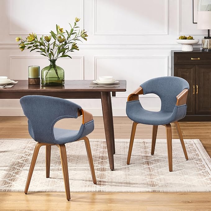 Art Leon Mid Century Desk Chair - Modern Desk Chair No Wheels, Fabric Upholstered Wooden Office with Wood Legs for Living Room Bedroom, Black Oak Bentwood, Blue