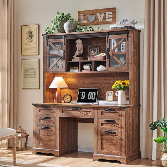 RedLemon 60" Farmhouse Desk with Hutch, Wood Home Office Executive Desk with Drawer, Charging Station, Keyboard Tray, File Drawer, Storage Cabinet, Rustic Writing Computer Desk (Reclaimed Barnwood)