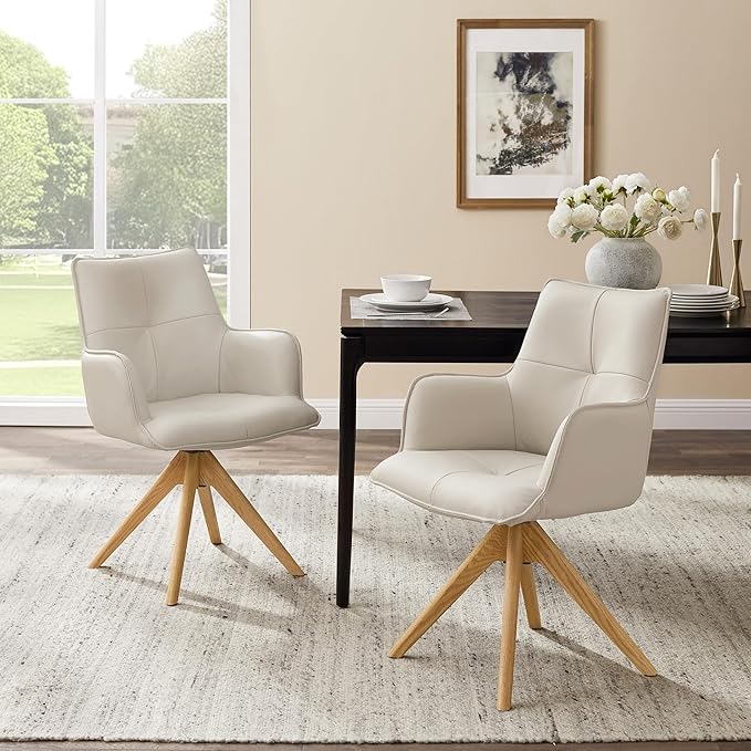 Art Leon Mid Century Modern Swivel Accent Chair - Home Office Desk Chair No Wheels, Genuine Leather Upholstered Armchair with Oak Wood Legs for Small Space Living Room Bedroom, Off White