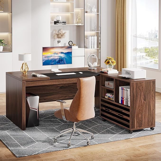 Tribesigns 62.2" Executive Desk with Mobile File Cabinet, L-Shaped Office Desk with Storage Shelves, Large Computer Table Business Workstation Set for Home Office, Dark Brown