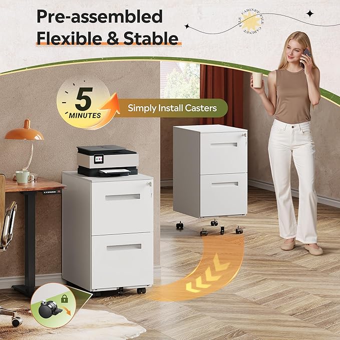 DEVAISE 2-Drawer Metal File Cabinet with Lock, Mobile Filing Cabinet Under Desk for Home Office, Fully Assembled Printer Stand fits F4/A4/Letter/Legal Size, White, 20" D x 15" W x 27" H