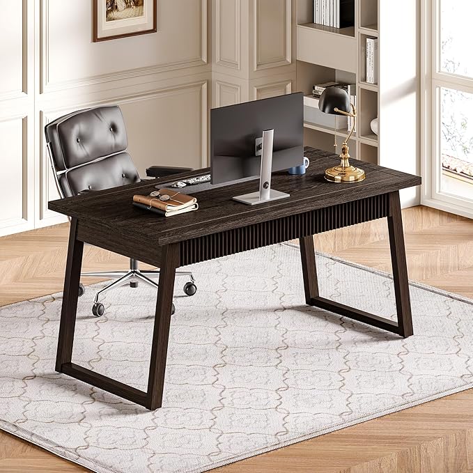 LITTLE TREE 55-Inch Home Office Desk with Drawer, Modern Minimalist Style Wooden Simple Study Writing Table, Mid-Century Log Executive Desk, Computer Desk, PC Laptop Desk Workstation, Dark Brown