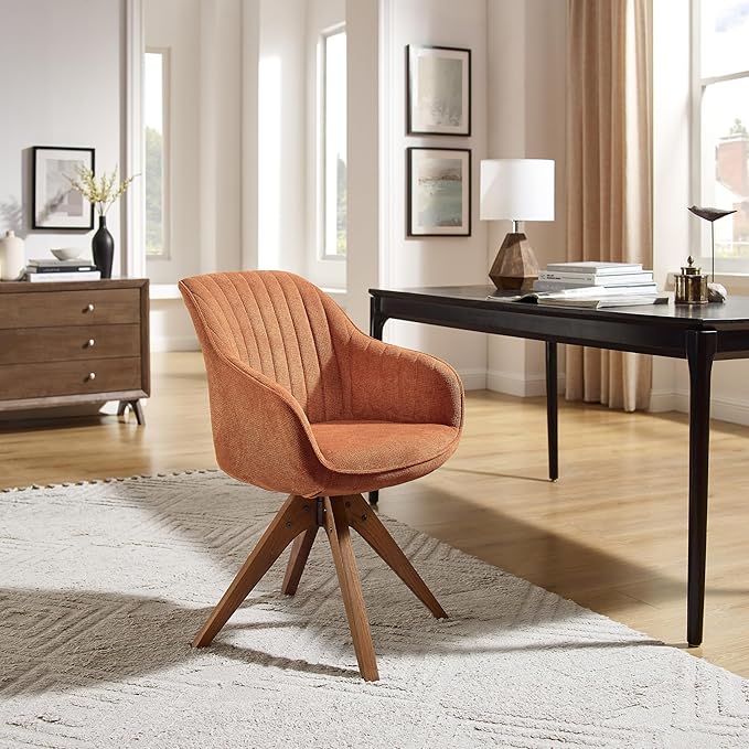 Art Leon Desk Chair No Wheels, Mid Century Modern Office Chair, Swivel Accent Chair with Oak Wood Legs, Fabric Upholstered Arm Chair, Caramel