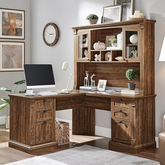 OKD 60" L Shaped Executive Desk with Hutch and Drawers, Farmhouse Home Office Desk with Charging Station, File Cabinet Storage, Wood Corner Computer Desk for Work and Study, Reclaimed Barnwood