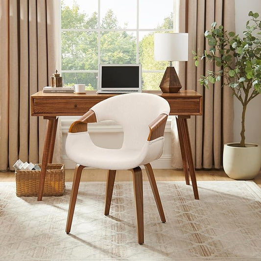 Art Leon Desk Chair No Wheels - Mid Century Modern Chair, Fabric Upholstered Wood Desk Chair, Office Chair with Wood Legs for Living Room Bedroom, Walnut Bentwood, Beige