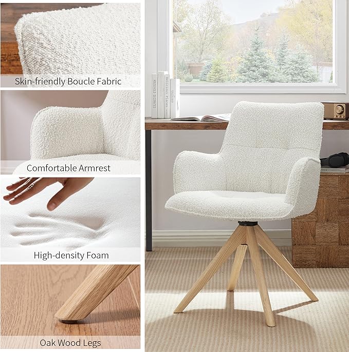 Art Leon Desk Chair No Wheels - Mid Century Modern Swivel Accent Chair, Boucle Fabric Upholstered Office Chair with Oak Wood Legs for Small Space Living Room Bedroom, Off White