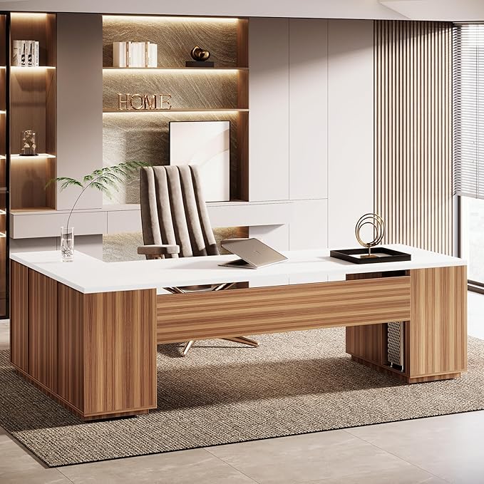 Tribesigns 85.8-Inch L-Shaped Executive Office Desk with File Drawers & Storage Cabinet, Professional Corner Computer Desk Extra Large Business Workstation with Adjustable Shelves (White&Walnut)