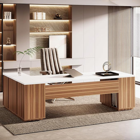 Tribesigns 85.8-Inch L-Shaped Executive Office Desk with File Drawers & Storage Cabinet, Professional Corner Computer Desk Extra Large Business Workstation with Adjustable Shelves (White&Walnut)