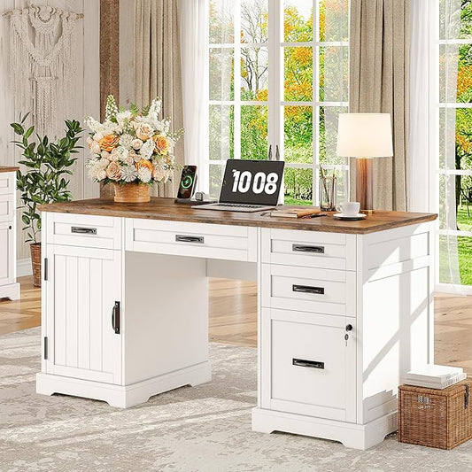 Whalefall 55'' Farmhouse Desk Home Office with Drawers, Executive Computer Desk Wooden with File Cabinet and Charging Station, White