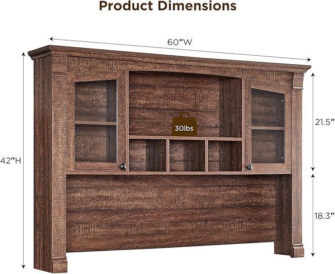 OKD Farmhouse Hutch for 60" Executive Desk, Office Desk Storage Cabinet with Glass Doors and Shelves, Top Hutch Organizer for Home Office - Reclaimed Barnwood