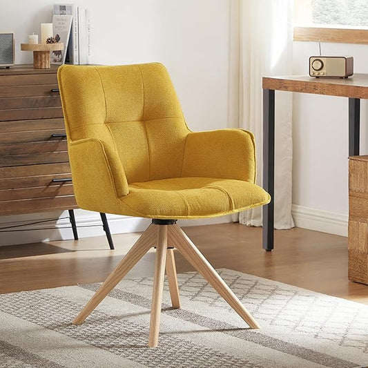 Art Leon Mid Century Modern Swivel Accent Chair - Home Office Desk Chair No Wheels, Fabric Upholstered Armchair with Oak Wood Legs for Small Space Living Room Bedroom, Yellow