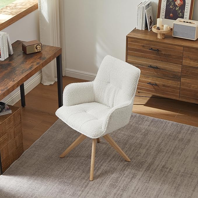 Art Leon Desk Chair No Wheels - Mid Century Modern Swivel Accent Chair, Boucle Fabric Upholstered Office Chair with Oak Wood Legs for Small Space Living Room Bedroom, Off White