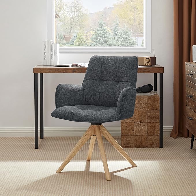 Art Leon Swivel Chair - Mid Century Modern Desk Chair Without Wheels, Fabric Upholstered Accent Chair with Oak Wood Legs for Small Space Living Room Bedroom, Dark Gray