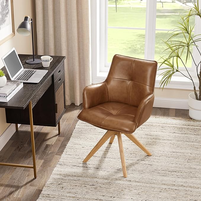 Art Leon Desk Chair No Wheels - Mid Century Modern Swivel Accent Chair, Genuine Leather Upholstered Office Chair with Oak Wood Legs for Small Space Living Room Bedroom, Brown