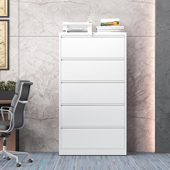 5 Drawer Lateral File Cabinet with Lock, Metal File Cabinet, Lateral File Cabinets for Home Office, Heavy Duty File Storage Cabinet for Legal/Letter/A4 Document, Assembly Required, White