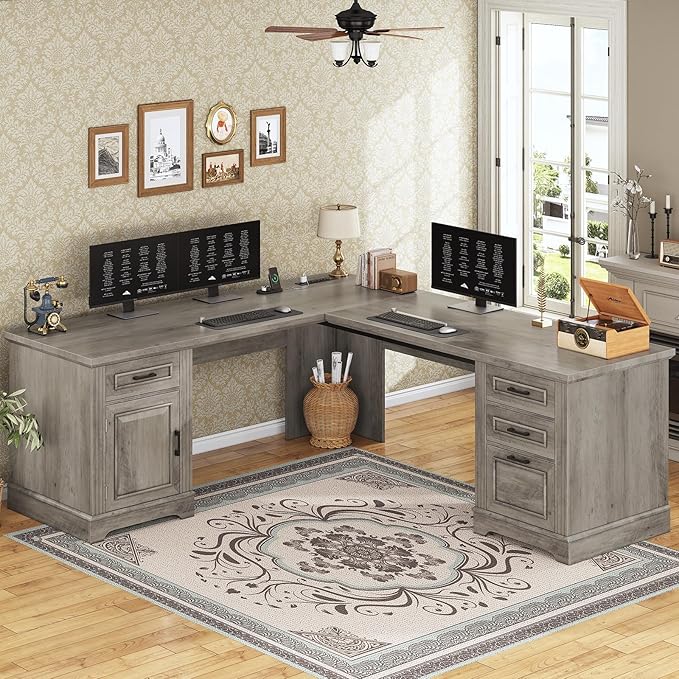 SEDETA 69" L Shaped Desk with Drawers and Storage, Farmhouse Computer Desk with File Drawers and Power Outlet, Corner Executive Desk with Storage Cabinet for Home Office, Grey