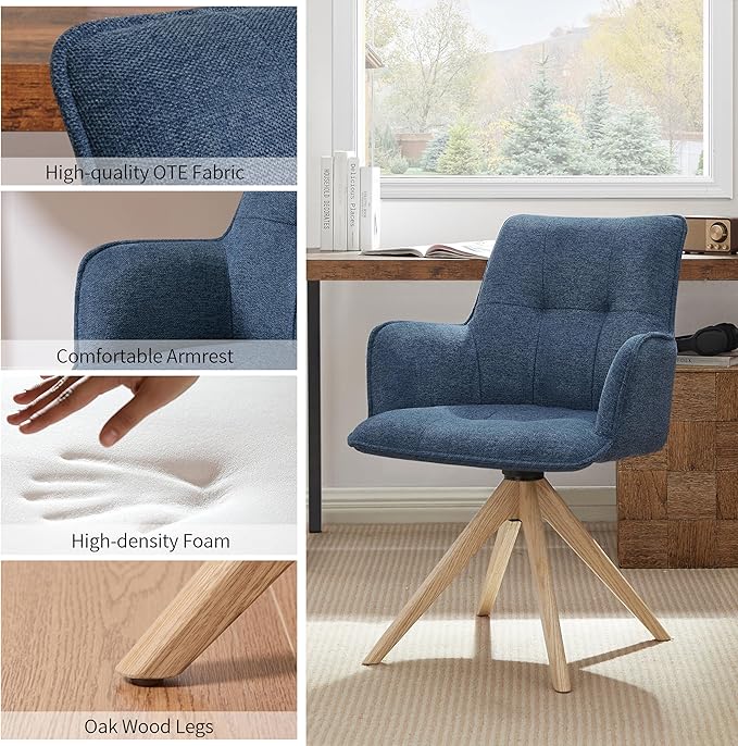 Art Leon Swivel Armchair - Mid Century Modern Office Chair No Wheels, Fabric Upholstered Accent Chair with Oak Wood Legs for Small Space Living Room Bedroom, Blue