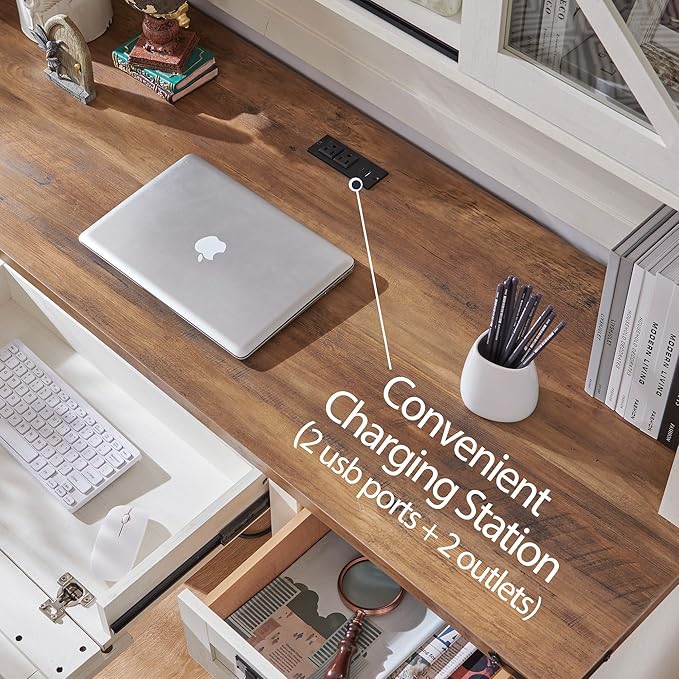 RedLemon 60" Farmhouse L Shaped Desk with Hutch, Wood Home Office Executive Desk with Drawer, Charging Station, File Drawer, Storage Cabinet, Rustic Writing Computer Desk (Antique White)