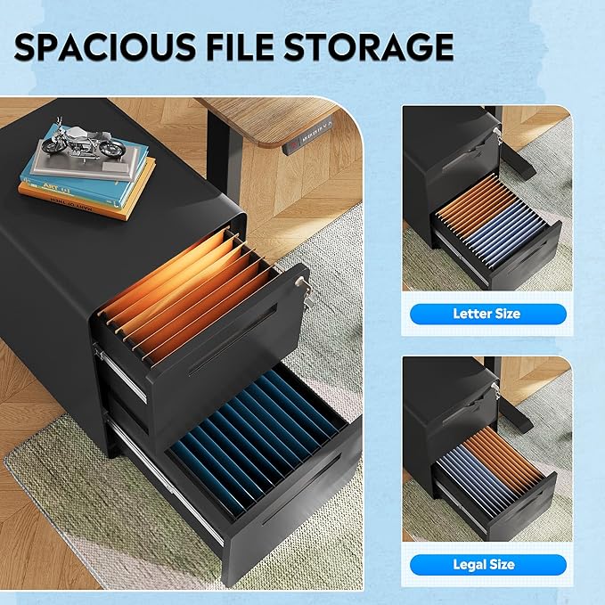 DEVAISE 2-Drawer Rounded Corner Metal File Cabinet with Lock, Mobile Filing Cabinet Under Desk for Home Office, Fully Assembled Printer Stand fits Letter/Legal Size, Black, 20" D x 15.8" W x 25" H