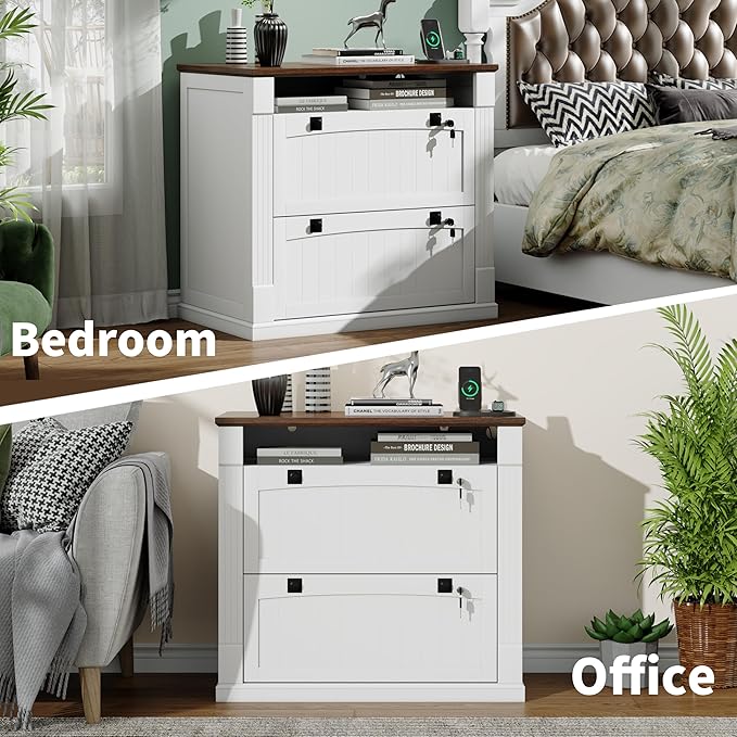Loomie White 2 Drawer File Cabinet with Lock & Charging Station,37'' Farmhouse Lateral Filing Cabinet with Open Storage Shelves for Home Office,Wood Printer Stand for Files/Letter/Legal/A4/F4 Size