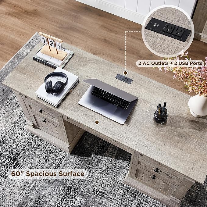 OKD 60" Executive Desk with Drawers, Farmhouse Home Office Desk with Charging Station, Keyboard Tray, File Cabinet Storage, Wood Computer Desk for Work and Study, Light Rustic Oak