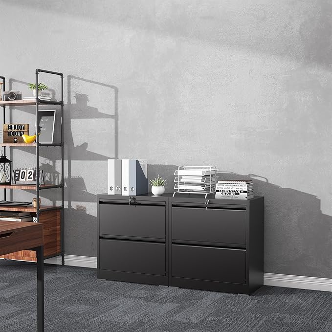 2 Drawer File Cabinet with Lock, Lateral Filing Cabinets,Metal Storage Filing Cabinets for Home Office, Heavy Duty File Cabinet for Letter/Legal/A4/F4 Size, Amssebly Required, Black