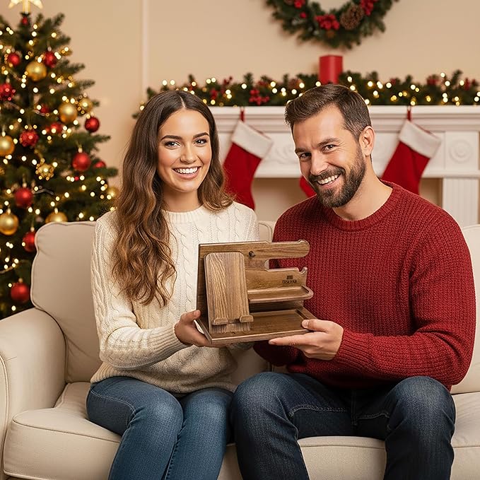TESLYAR Wood Phone Docking Station for Men - Desk or Nightstand Organizer - Birthday Gifts for Husband or Dad - Anniversary Idea from Wife - Key Holder, Stand Wallet, Watch & Essentials (Earth Beige)