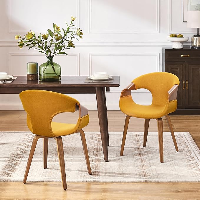 Art Leon Mid Century Office Chair - Modern Desk Chair No Wheels, Fabric Upholstered Wood Desk Chair, Office Chair with Wood Legs for Living Room Bedroom, Walnut Bentwood, Yellow