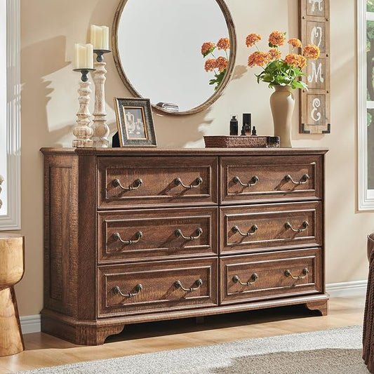 T4TREAM Farmhouse 6 Drawers Dresser for Bedroom, 54" Wide Wood Rustic Chest of Drawers with Natural Texture, Vintage Design, Storage Dressers Organizer for Bedroom, Living Room, Reclaimed Barnwood