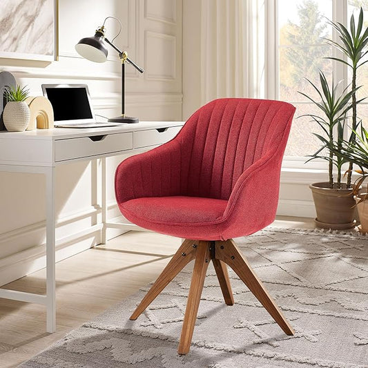 Zouron Mid Century Modern Accent Chair with Wooden Legs, Upholstered Swivel Chair No Wheels, Side Accent Armchair Vanity Chair for Small Space Home Office Living Room Bedroom, Red