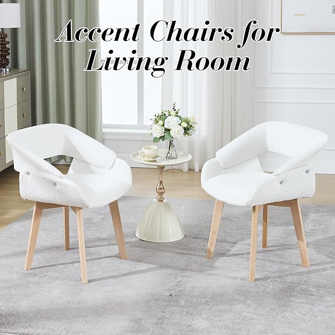 Home Office Desk Chair No Wheels Set of 6, Upholstered Boucle Modern Accent Side Armchair with Wood Legs Hollow-Out Back, for Vanity Living Dining Room Bedroom, Beige