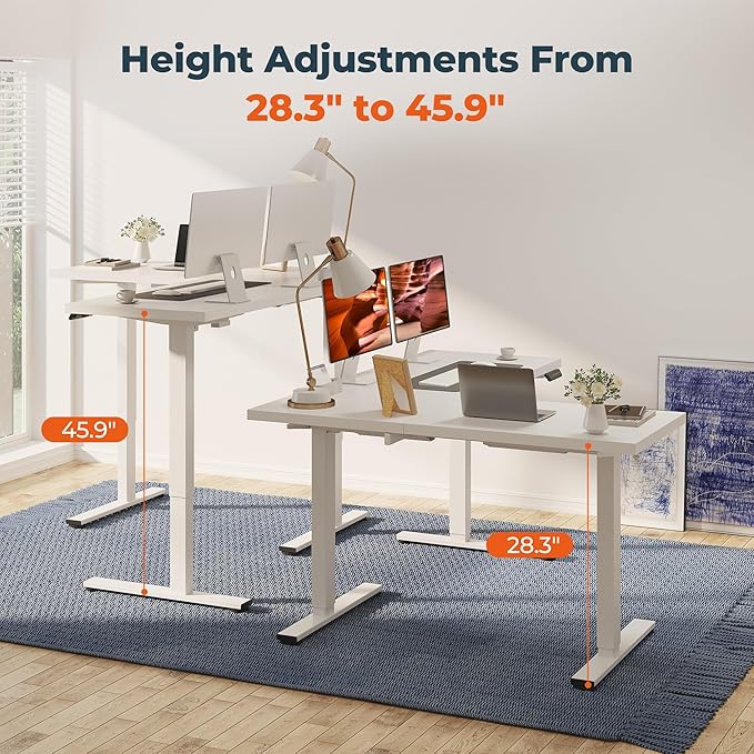 L-Shaped Standing Desk, 63 x 47 Inches Height Adjustable Desk, Sit and Stand up for Work Office Home, Ergonomic Rising Computer Table for Home Office with Splice Board, White