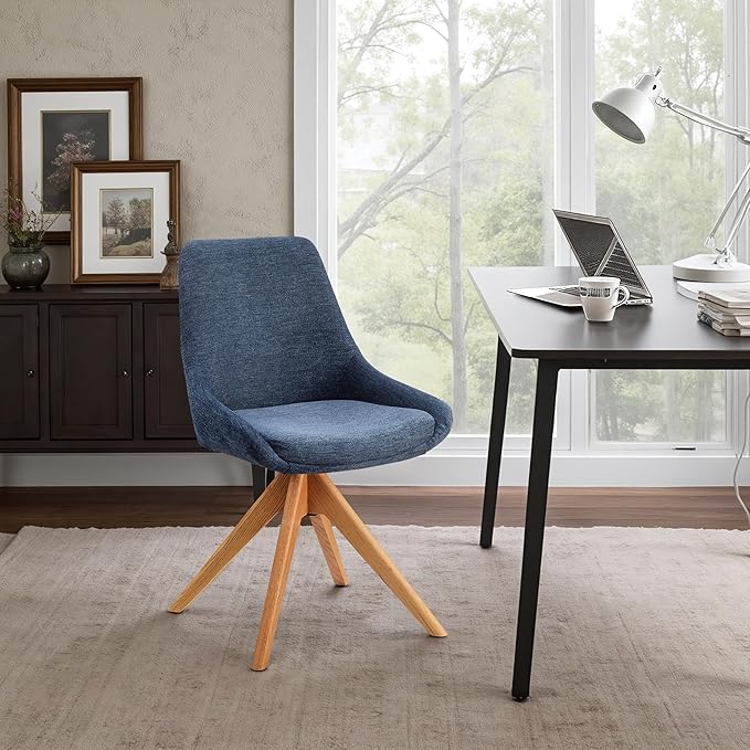 Zouron Swivel Desk Chair No Wheels, Modern Armless Office Chair with Wooden Legs, Fabric Side Chairs for Small Space Bedroom Office, Blue