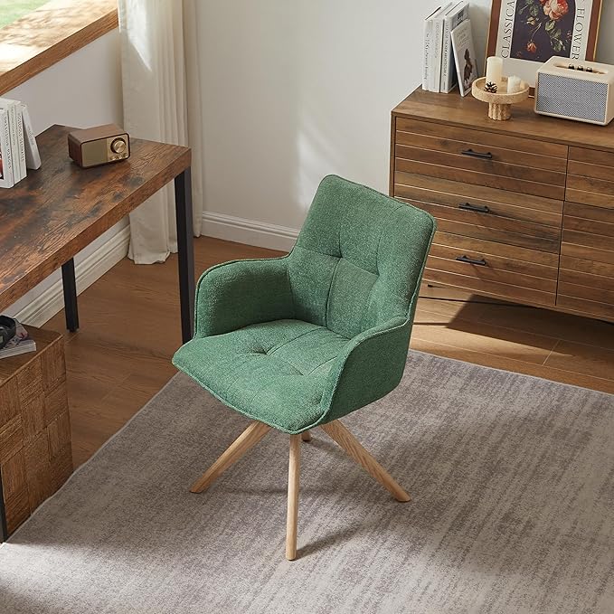 Art Leon Office Chair No Wheels - Mid Century Modern Swivel Desk Chair, Faux Leather Upholstered Accent Chair with Oak Wood Legs for Small Space Living Room Bedroom, Green
