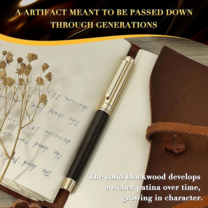 316 Luxury Journaling Pen, Nice Natural Wood for Writing, 24K Gold Accents, Schmidt refill, Fancy Rollerball, Wooden Gift Set for Men & Women, Executive & Graduation Work Christmas Pens-Blackwood